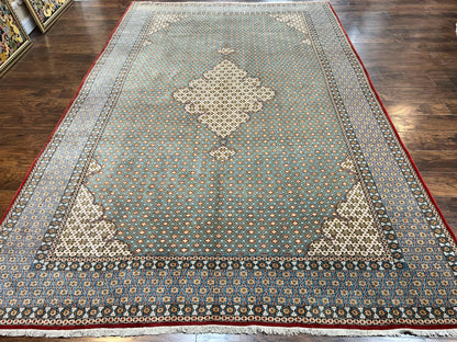 Rare Persian Rug 8x12, Qum Rug, Repeated Star Motifs, Blue and Ivory, Fine 300 KPSI, Hand Knotted Handmade Vintage Wool Rug
