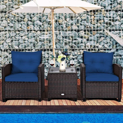 Three Piece Patio Furniture Set With Washable Cushions And Tempered Glass Tabletop Navy Blue