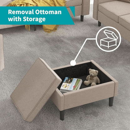 Beige Sectional Sofa Set With Movable Storage Ottoman