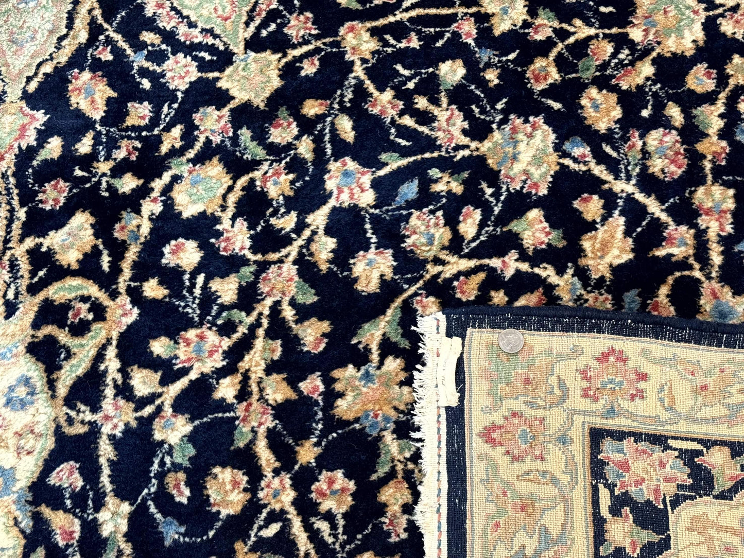 Large Persian Kerman Rug 10x14, Navy Blue and Beige, Floral Medallion, Traditional Elegant Persian Carpet, Signed by Masterweaver