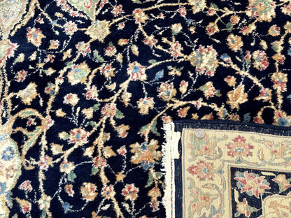 Large Persian Kerman Rug 10x14, Navy Blue and Beige, Floral Medallion, Traditional Elegant Persian Carpet, Signed by Masterweaver