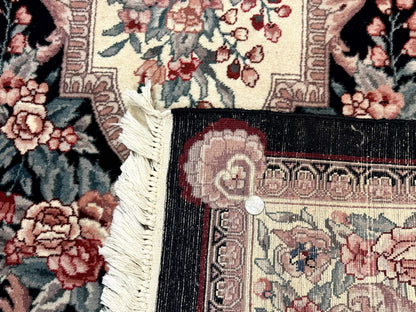 Aubusson Rug 4x6, Elegant European Floral Design, Black and Ivory, Fine 200 KPSI