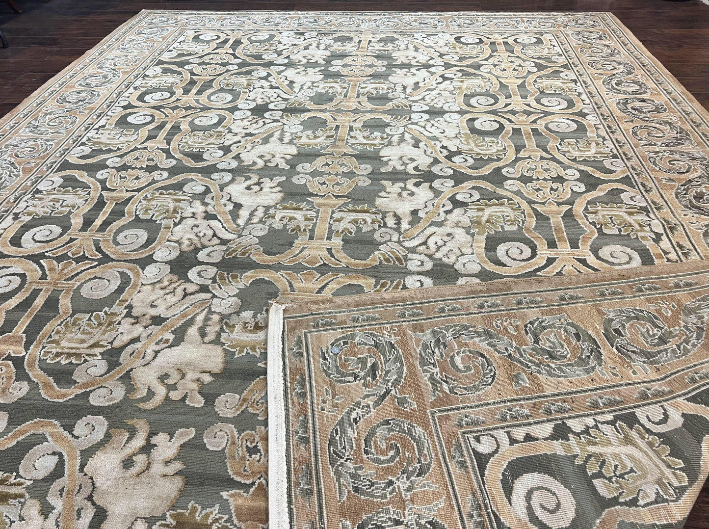 Spanish Rug 11x14, Wool Hand Knotted Vintage Carpet, Olive Green and Beige, Floral Allover, European Design, 11 x 14 Rug