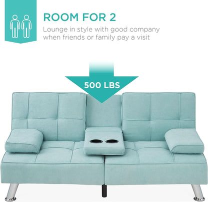 Linen Folding Futon Sofa Bed Aqua With Removable Armrests