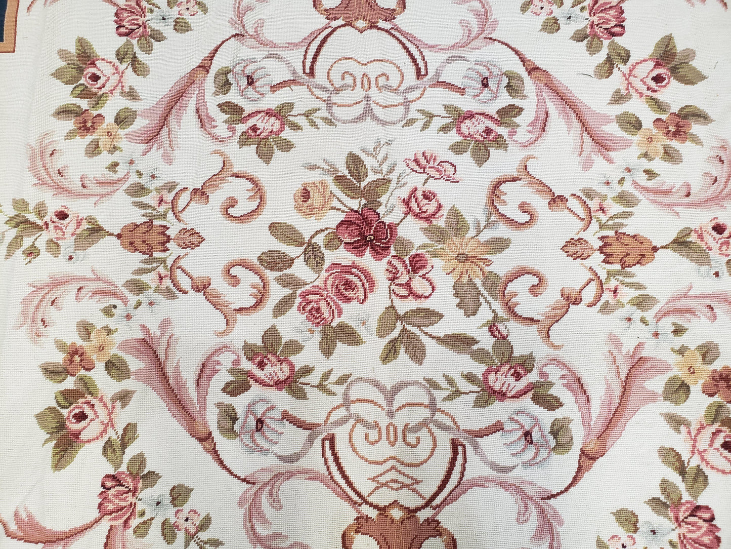 Chinese Aubusson Savonnerie Area Rug 6x8, Vintage Hand-Woven Needlepoint Rug, Flat Weave Handmade Wool Carpet Living Room Ivory & Navy Blue