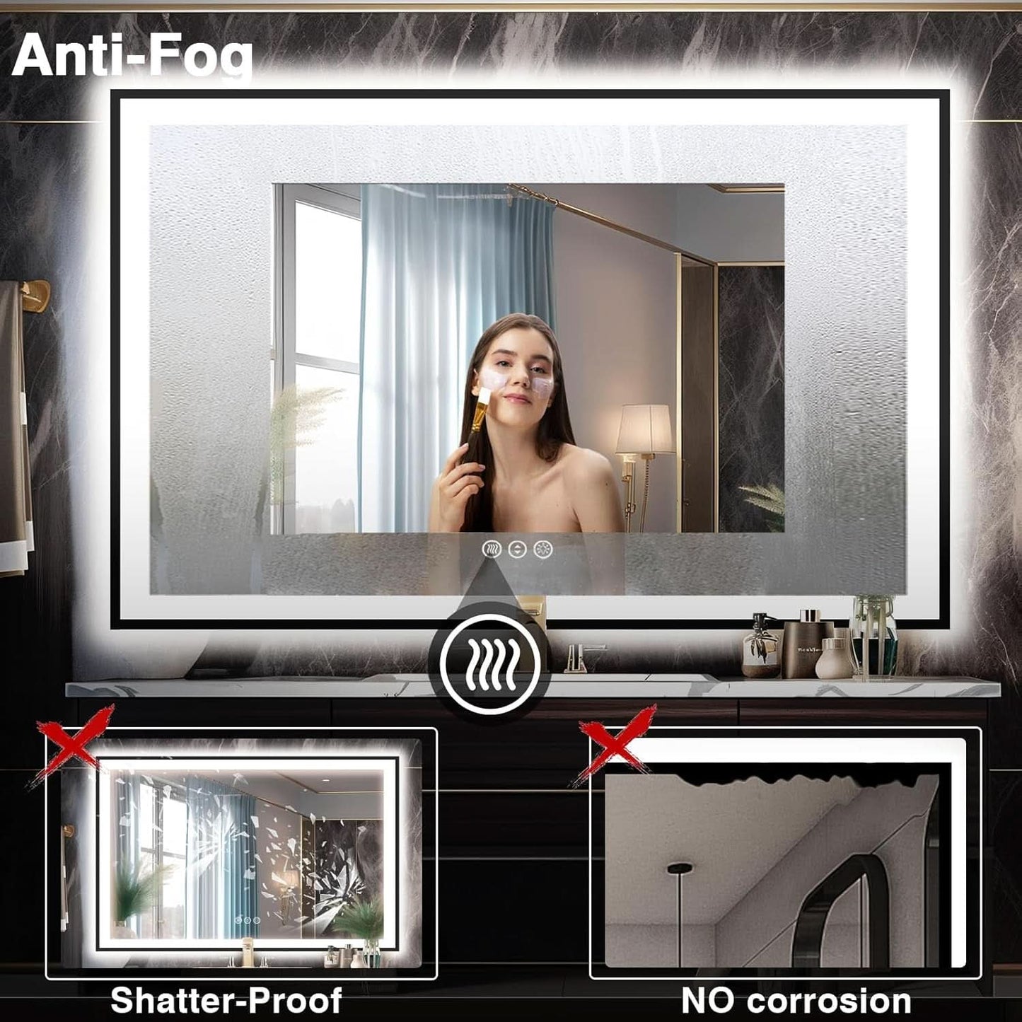 60X40 Matte Black LED Bathroom Mirror With Dimmable Lights
