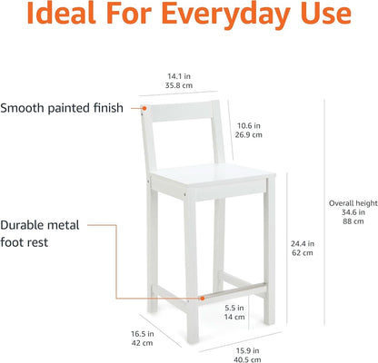 White Wooden Bar Stool With Backrest, Counter Height