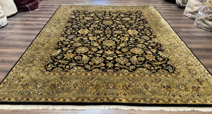 Indo Persian Rug 8x10, Black and Green, Wool, Handmade, Traditional, Floral Allover, Vintage