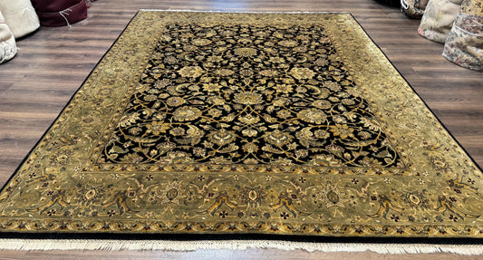 Indo Persian Rug 8x10, Black and Green, Wool, Handmade, Traditional, Floral Allover, Vintage