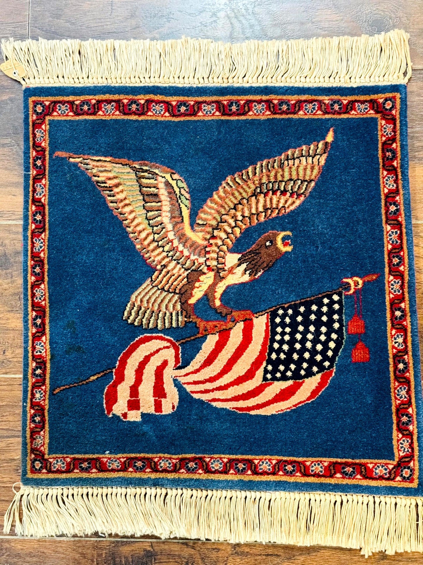 Pictorial Rug of American Flag with Bald Eagle, Small Indo Persian Pictorial Rug, Blue, Handmade, Very Fine 330 KPSI
