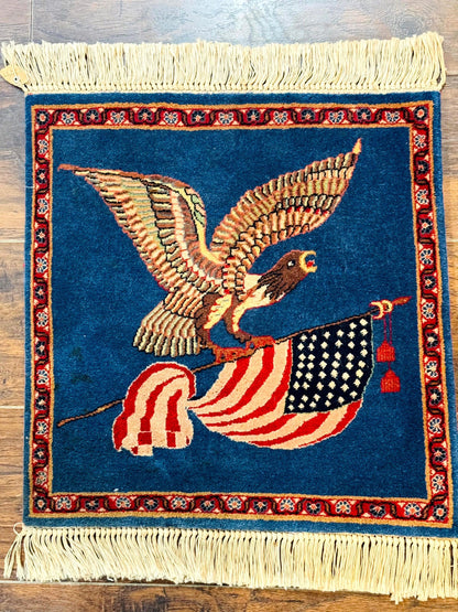 Pictorial Rug of American Flag with Bald Eagle, Small Indo Persian Pictorial Rug, Blue, Handmade, Very Fine 330 KPSI