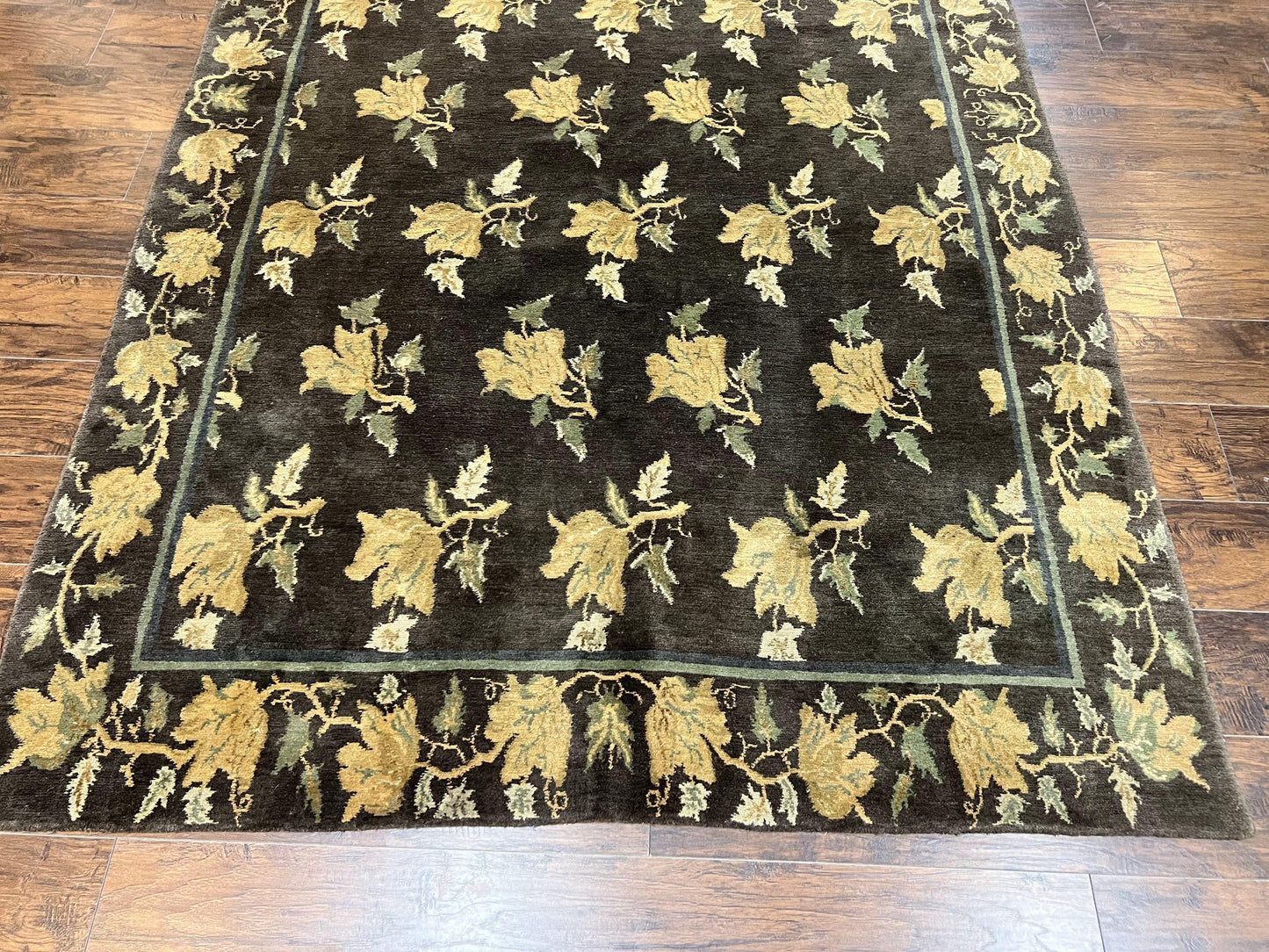 Tibetan Nepal Rug 6x9, Wool Hand Knotted Vintage Carpet 6 x 9, Dark Green & Golden Yellow, Floral Bouquets
