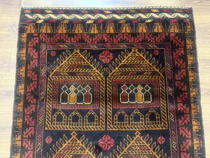 Afghan Rug 3x7, Navy Blue, Tribal Rug, Balouch Carpet, New