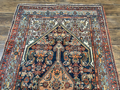 Antique Persian Runner Rug 3.7 x 15.8, Navy Blue Multicolor, Hand Knotted Handmade Wool Rug for Hallway, Geometric Medallions, Persian Hamadan Rug