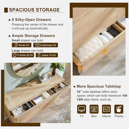 Contemporary 52 Inch Wide Nine Drawer Dresser Oak Finish