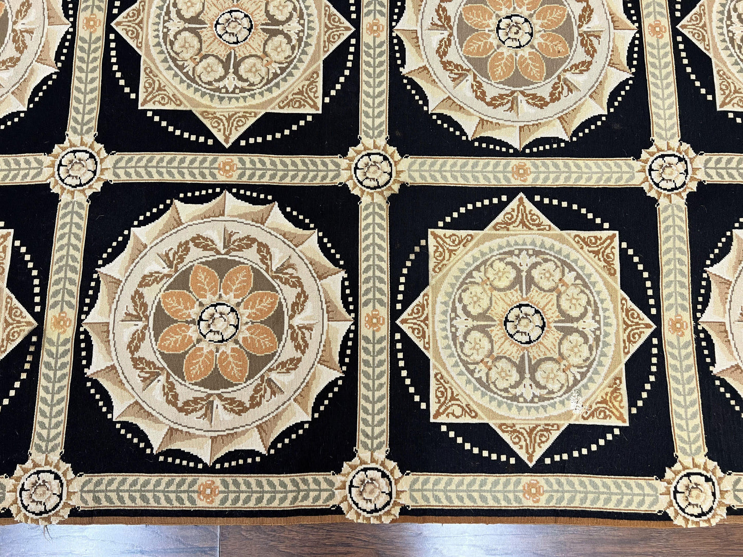 Needlepoint Rug 8x10, Black Tan Beige, Panel Design, Wool Handwoven Handmade Flatweave Needlepoint Carpet, Vintage French European Rug