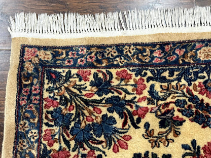 Square Persian Kerman Rug 4x4, Ivory Blue Pink, Handmade, Fine 225 KPSI