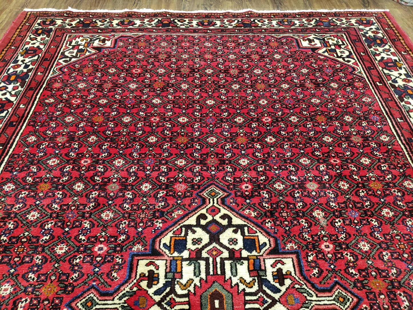 Vintage Persian Hamedan Rug 7x10, Angelas Mahi Pattern, Red, Wool, Hand-Knotted