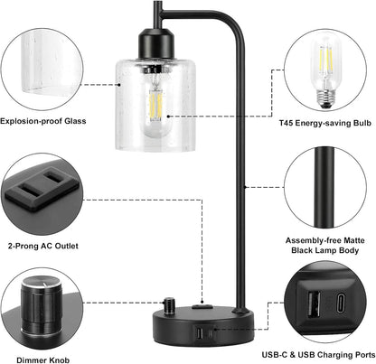 Industrial Table Lamps 2 Pack Black Dimmable USB Ports