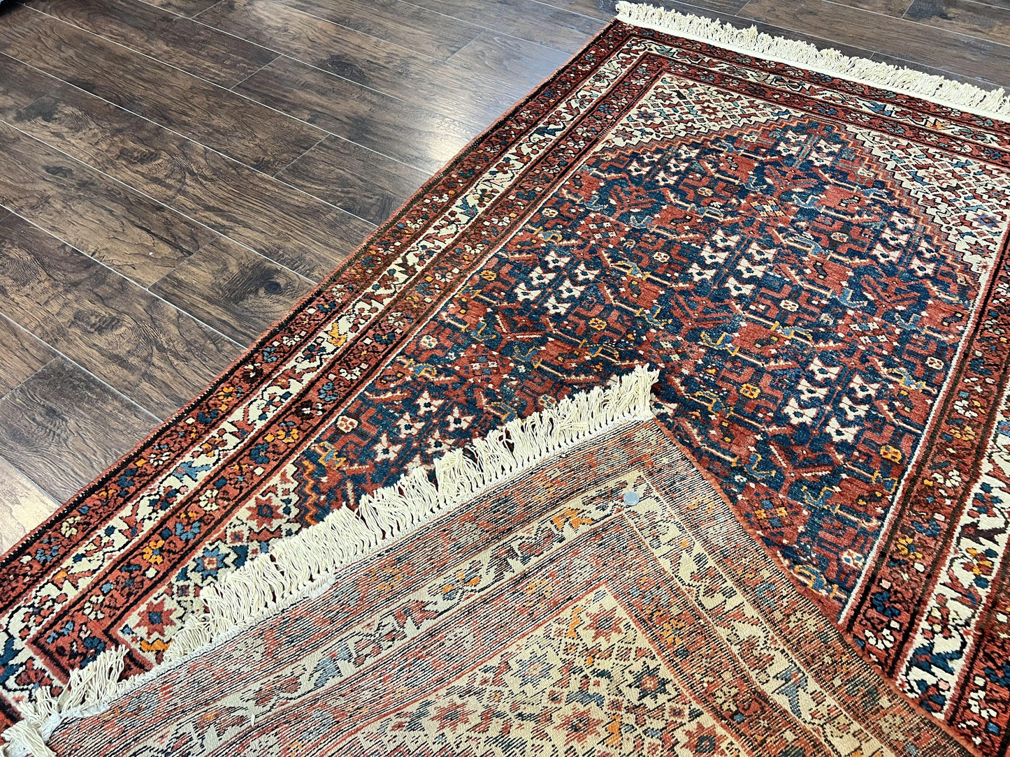 Persian Malayer Rug 4x7, Tribal Rug, Geometric, Antique Oriental Carpet, Red Blue Cream, Boho Rug, Hand Knotted Wool Rug