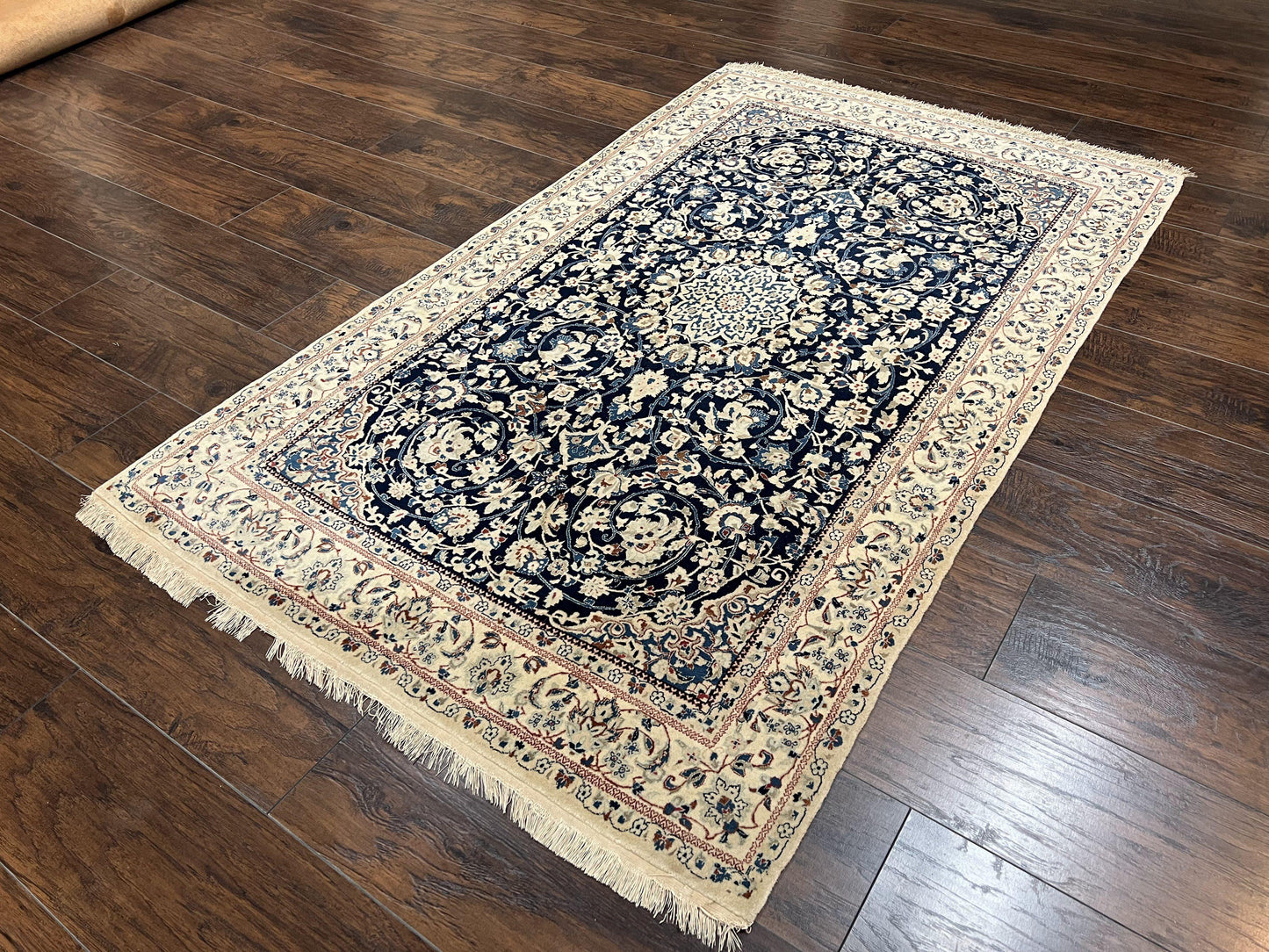 Very Fine Persian Nain Rug 3.7 x 6, Floral Medallion, Wool and Silk Accents, Highly Detailed, Hand Knotted Oriental Carpet, Navy Blue Ivory/Cream