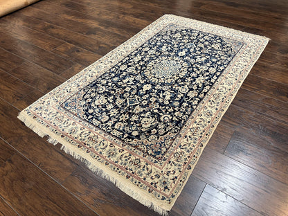 Very Fine Persian Nain Rug 3.7 x 6, Floral Medallion, Wool and Silk Accents, Highly Detailed, Hand Knotted Oriental Carpet, Navy Blue Ivory/Cream