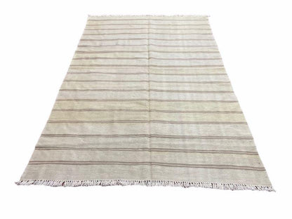 5x8 Turkish Kilim Rug, Flatweave Carpet, Striped Blanket, Southwestern Design, New, Gray, Wool, High Quality, Hand-Knotted