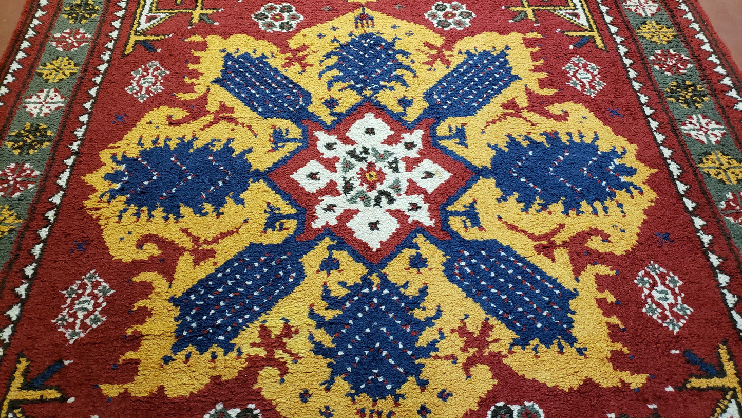 Colorful Moroccan Heriz Rug 6x9, Large Central Medallion, Red Yellow Blue