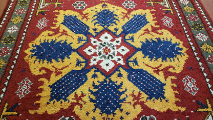 Colorful Moroccan Heriz Rug 6x9, Large Central Medallion, Red Yellow Blue