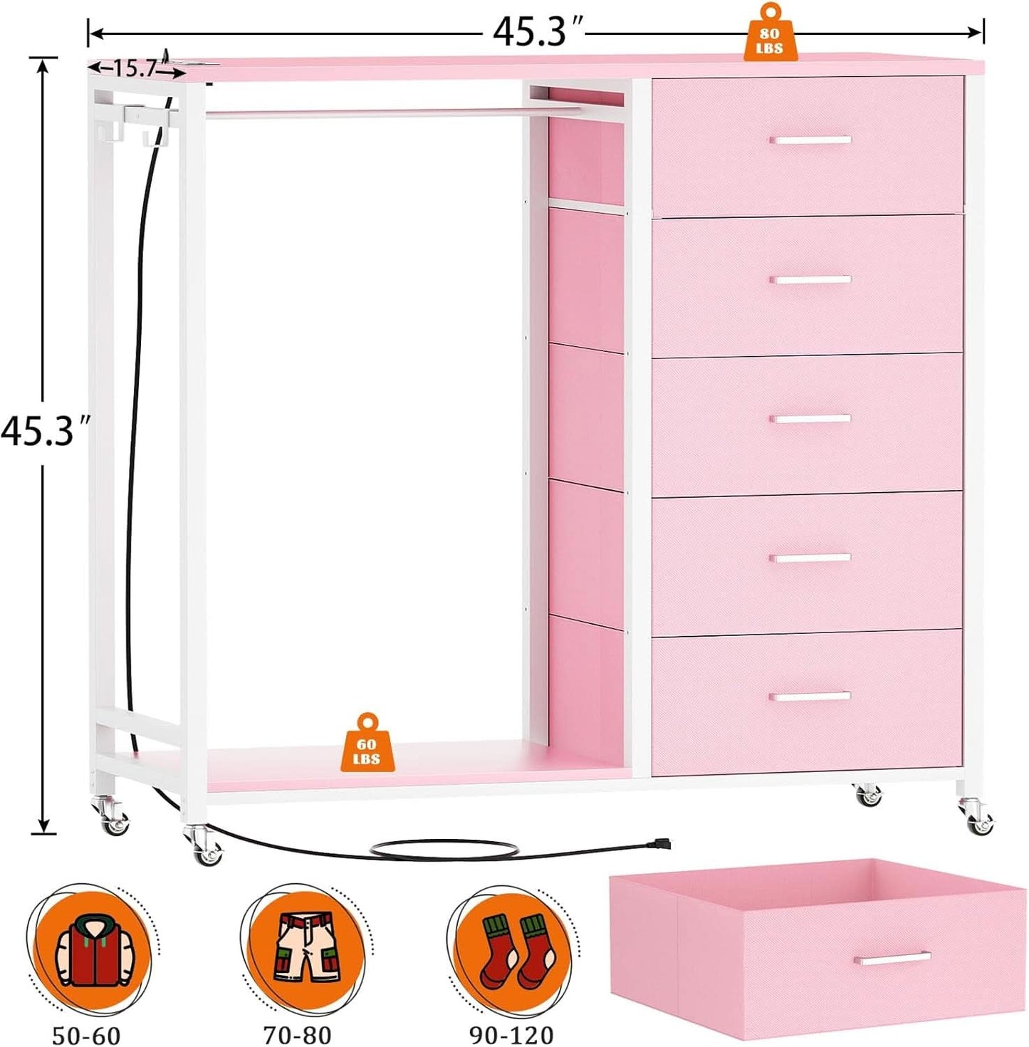 Pink Dresser With Clothes Rack 5 Drawers Charging Station