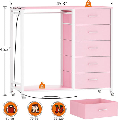 Pink Dresser With Clothes Rack 5 Drawers Charging Station