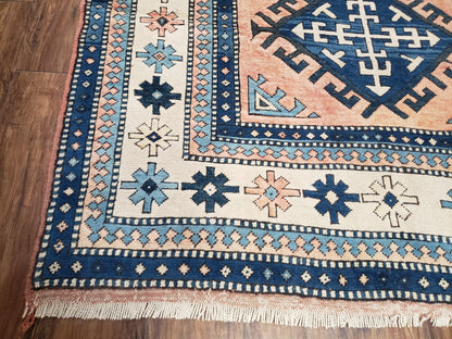 Turkish Kazak Rug 5x8 ft, Bold Geometric Bohemian Carpet, Blue and Ivory Hand Knotted Area Rug, Medium Sized High Quality Wool Oriental Rug