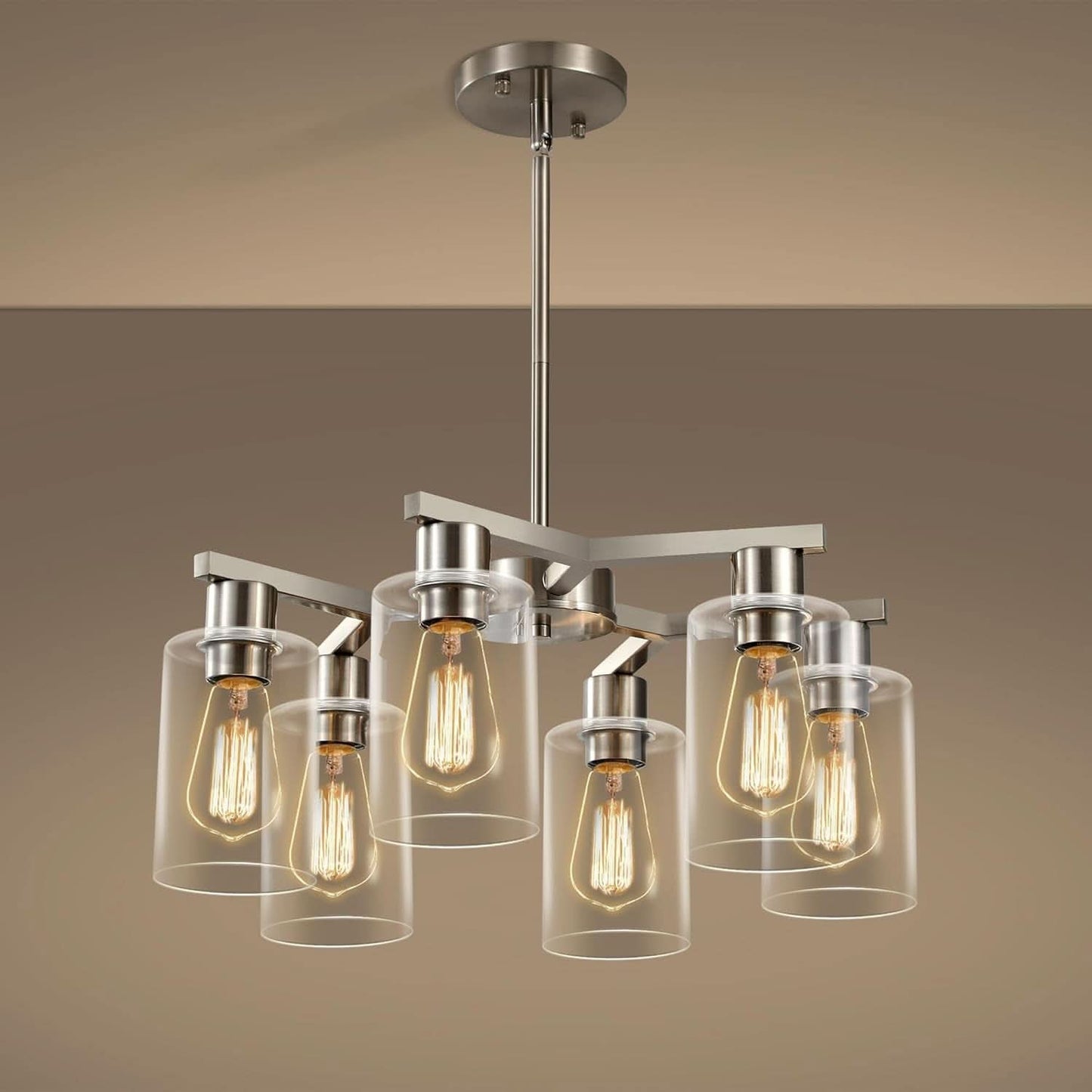 6 Light Farmhouse Brushed Nickel Pendant Chandelier