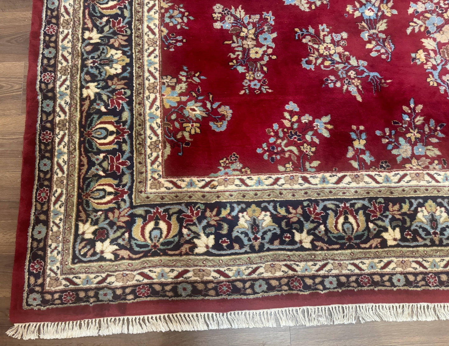 Indo Persian Sarouk Rug 10x14, Large Red and Navy Blue Carpet, Traditional Floral Wool Rug