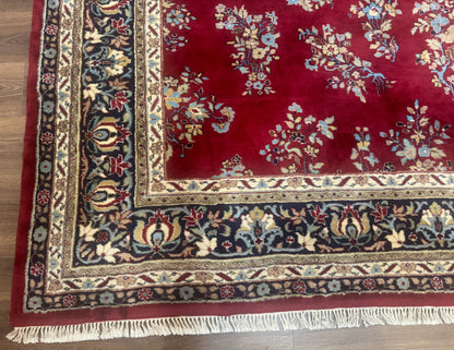 Indo Persian Sarouk Rug 10x14, Large Red and Navy Blue Carpet, Traditional Floral Wool Rug
