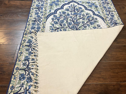 Tree of Life Indian Hand Stitched Rug 4x6, Indian Wall Hanging Rug, Ivory Blue, Silk on Cotton, Vintage