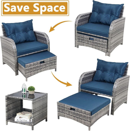 5 Pieces Wicker Outdoor Patio Chairs Set With Ottoman Blue
