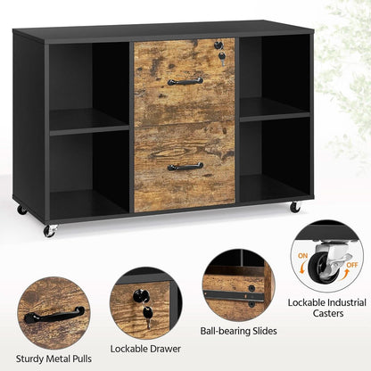 Lateral Filing Cabinet 2 Drawers 4 Open Compartments Black
