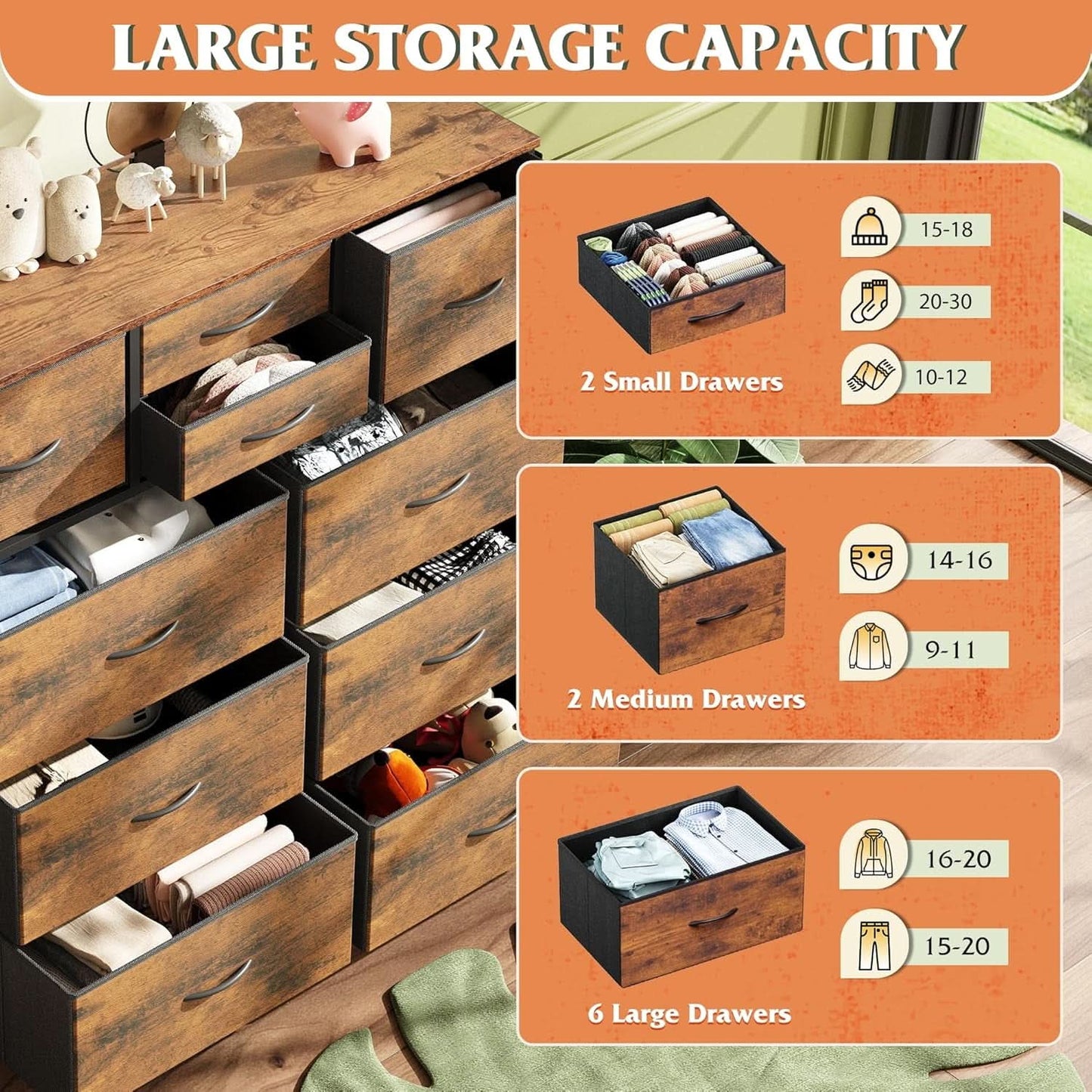 Dresser With 10 Drawers In Rustic Brown Wood Grain Finish