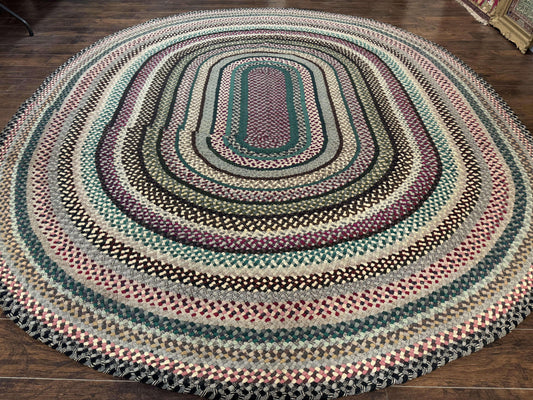 Large Oval American Braided Rug 10x12, Multicolor Vintage Braided Carpet