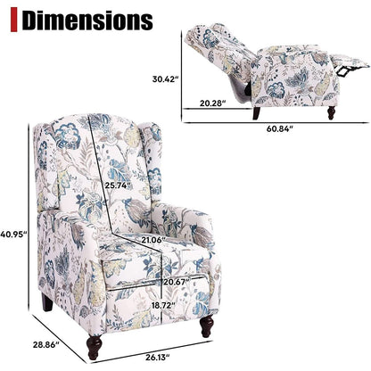 Upholstered Wingback Recliner Chair Blue Floral Elegant