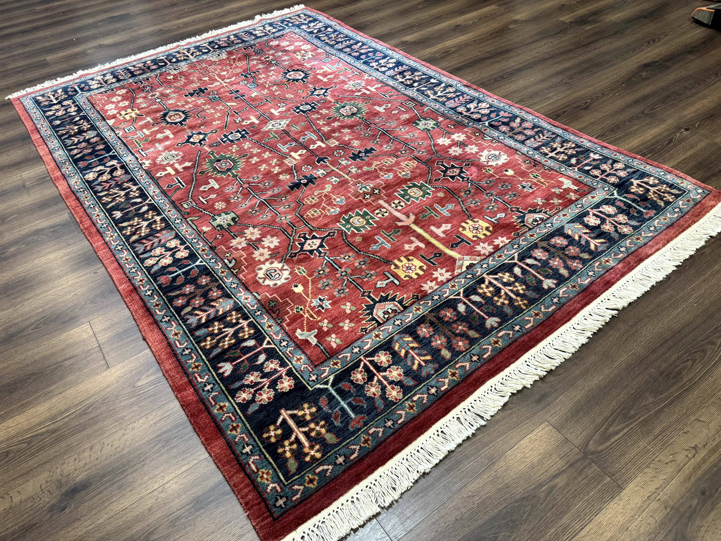 Indo Persian Heriz Serapi Rug 6x8, Rust Red and Navy Blue, Allover Pattern