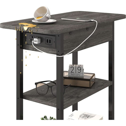 End Table With Charging Station And Flip Top Dark Grey For Small Spaces