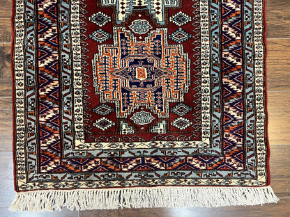 Pakistani Rug 3x5 ft, Caucasian Kazak Design, Geometric Rug, Small Vintage Oriental Carpet, Dark Red Vintage Handmade Wool Rug 3 x 5