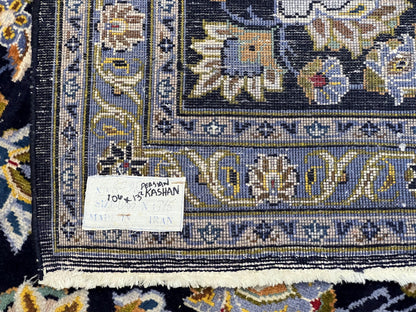 Wonderful Navy Blue Persian Kashan Rug 11x13, Allover Floral Design with Central Medallion, Wool Hand-Knotted Antique Carpet, Signed Rabani Rug
