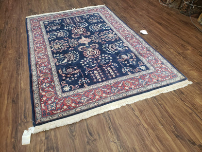 Dark Blue Indo Persian Rug 4x6, Medium Size Hand Knotted Oriental Carpet, Traditional Floral Indian Rug, Blue and Red Entryway Rug, Wool Rug