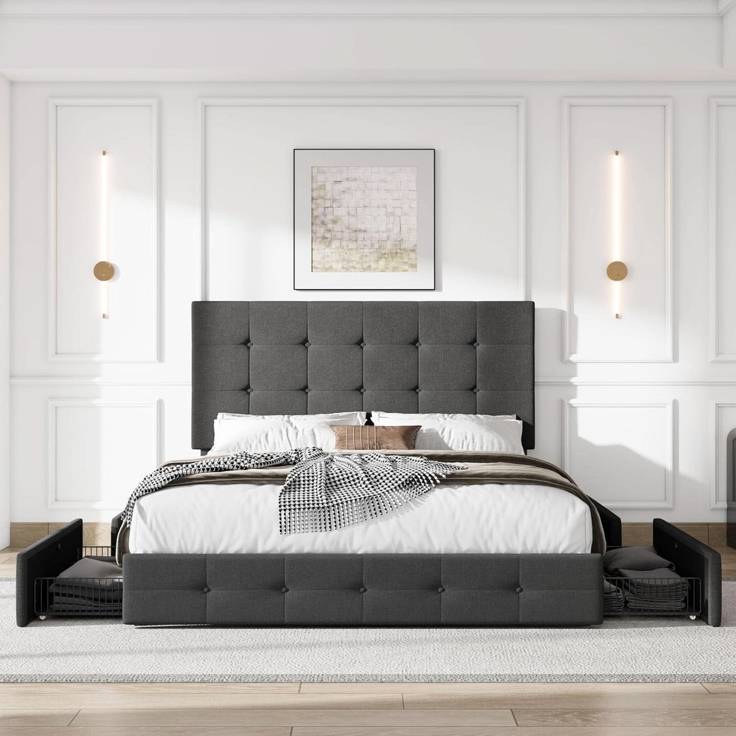 Upholstered Queen Platform Bed Frame With 4 Storage Drawers