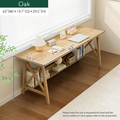 Extra Long Solid Wood Desk with Bookshelf Storage