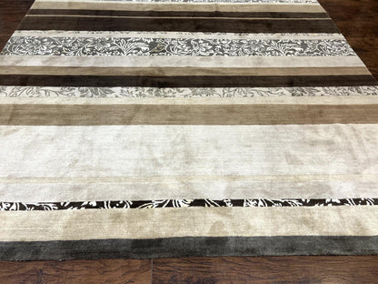 Modern Tibetan Nepali Rug 8x12, Stripe Pattern, Wool with Silk Highlights, Handmade, Beige Tan Brown