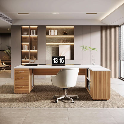 85 Point 8 Inch L-Shaped Executive Desk White Walnut Storage Cabinet